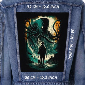 Toppa posteriore Kraken 2 - Design di un mostro marino mitologico su tela nera per giacca/gilet - Enorme e minaccioso