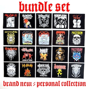 Puede incluir: Un conjunto de parches cuadrados negros con logotipos y obras de arte de varias bandas. Los parches incluyen bandas como Pink Floyd, Mastodon y Def Leppard. El texto "bundle set" y "brand new = personal collection" es de color rojo.