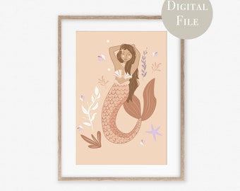 Boho Mermaid print, mermaid art, coastal print, Instant Download