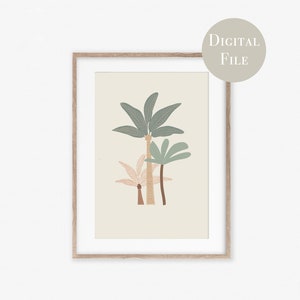 Op de afbeelding: Een digitale print van drie gestileerde palmbomen in tinten groen, bruin en beige op een crèmekleurige achtergrond. De print is ingelijst in een licht houten lijst.