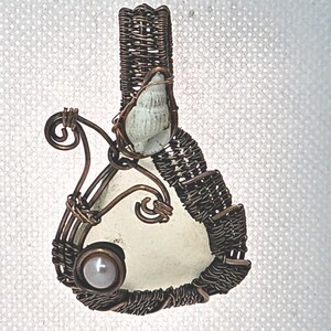 Gifts from the Sea Copper, Pearl and Sea Glass Wire Wrapped Hand Made Pendant - Beach Lovers Pendant with Shell