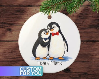 Personalized Gay Couple Watercolor Penguin Engagement Ornament - First Christmas Engaged - Mr and Mr Two Grooms Custom Ceramic Keepsake