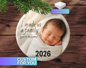 New Baby Makes Us a Family Custom 2-Sided Ceramic Ornament - Baby Gift, Adoption Gotcha Gift, Family Keepsake Personalized Christmas Present