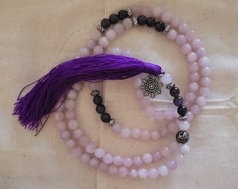 Rose quartz and amethyst prayer bead mala with lotus charm