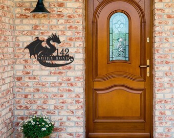 Here Be Dragons Personalized House Sign - Metal Dragon Sign with your House Number & Street Name - Wedding Gift, Custom New Home Present