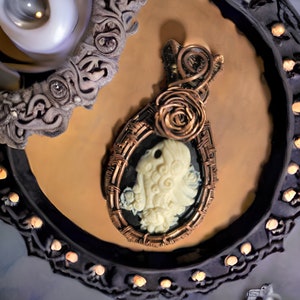 Skull Cameo with Rose Copper Handmade Gothic Pendant - Skull and Rose Gothic Cameo Necklace with Free Neckcord