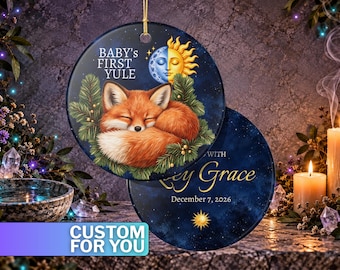 Baby Fox First Yule Custom Ornament - Baby's First Yule Birth Celebration Ceramic Ornament with Gift Box