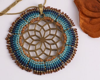 Knit Macramé Necklace Flower of Life, delicate knotted unisex necklace with Seed of life symbol