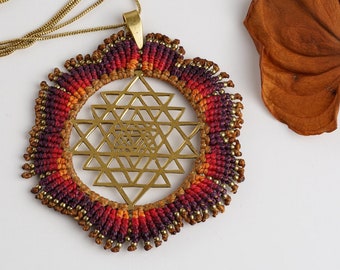 Knit Macramé Necklace Sri Yantra, delicate knotted unisex necklace with Shri Chakra symbol