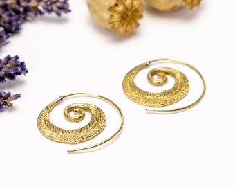 Earring Spiral Brass Hoops Leaves Gold