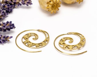 Earring Spiral Brass Hoops Leaves Gold