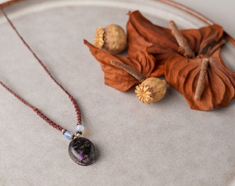 Macramé Necklace Charoite, hand knit boho necklace with natural stones