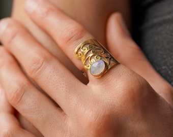 Brass ornament rings with various stones, golden boho jewelry