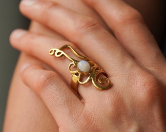 Brass ornament rings with various stones, golden boho jewelry