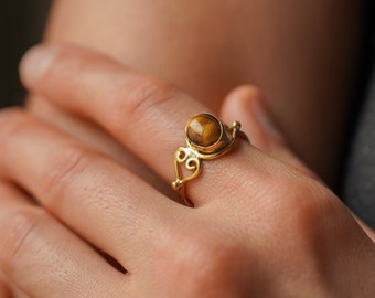 Adjustable brass rings with various stones, golden boho jewelry