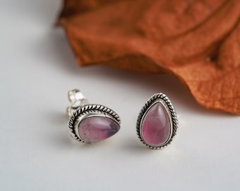 Delicate 925 sterling silver studs with various natural stones, teardrop unisex real silver earrings with gemstones