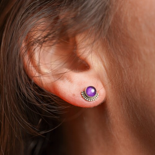 Sterling Silver Stud Earrings with Amethyst – Handmade 925 Silver Minimalist Jewelry with natural stones