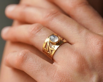 Delicate brass rings with various stones, golden boho jewelry