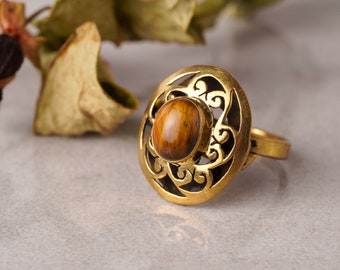 Brass ornament rings with various stones, golden boho jewelry