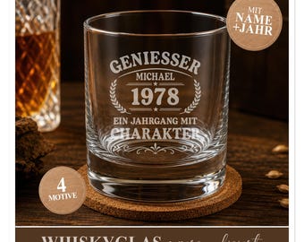 Personalized whisky glass with name & year of birth | Engraved whisky glass | Birthday gift for men | 4 vintage designs