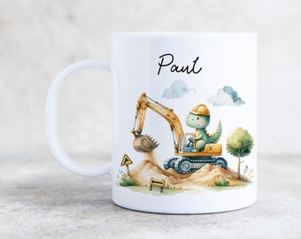 Kindertasse Dino Baustelle personalisiert | Kunststofftasse | Geschenk Taufe | Geschenk Kindergeburtstag