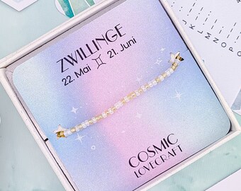 Zwillinge Armband Morse Code - Sternzeichen Perlenarmband - Filigranes Armband gold und weiß - Wasserfester Zodiac Schmuck - Miyuki Perlen