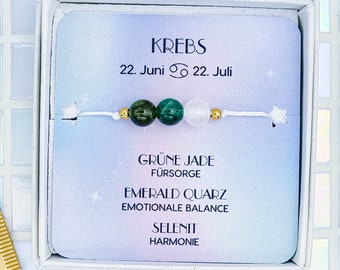 Krebs Armband - Sternzeichen Schmuck - grüne Jade - Emerald Quarz - Selenit - Geburtsstein Juni July - Edelstein Armband - Astrologie