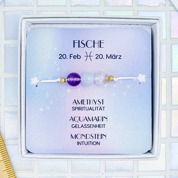 Fische Armband - Sternzeichen Schmuck - Aquamarin - Amethyst - Mondstein - Geburtsstein Februar März - Edelstein Armband - Astrologie