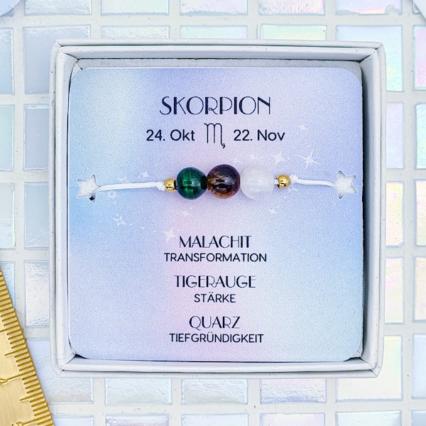 Skorpion Armband - Sternzeichen Schmuck - Malachit - Tigerauge - Quarz - Geburtsstein Oktober November - Edelstein Armband - Astrologie
