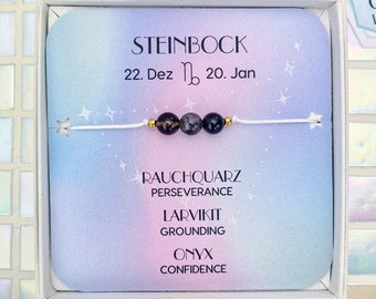 Steinbock Armband - Sternzeichen Schmuck - Onyx - Rauchquarz - Larvikit - Geburtsstein Dezember Januar - Edelstein Armband - Astrologie