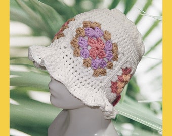 Stylish Crochet Bucket Hat with Ruffle, Bohemian Flair, Summer Vibes, and Elegant White Granny Square Designs - Perfect Beach Gift for Her