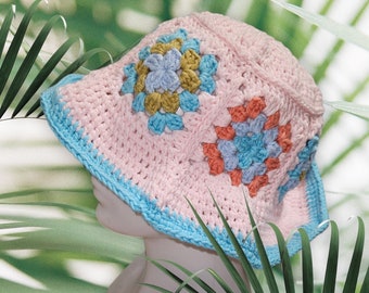 Crochet bucket beach hat for women, patchwork hat, Granny square crochet headwear