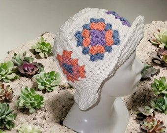 Handmade summer hat crochet with granny squares, Gift for women who love unique bucket hats