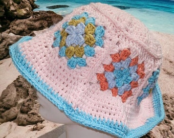 Bob de plage au crochet pour femme, chapeau patchwork, couvre-chef carré grand-mère au crochet