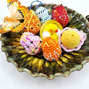 Crochet Easter eggs embroidered with beads, Housewarming gift, Handmade eggs for Easter table