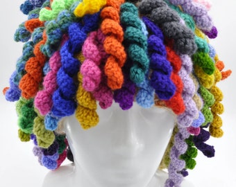 A unique costume idea for circus birthday or pretend play, funny multi-colored crochet Clown Wig for party fun, brightful costume accessory