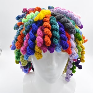 A unique costume idea for a circus birthday or pretend play, a funny multi-colored crochet Clown Wig for party fun, bright costume accessory