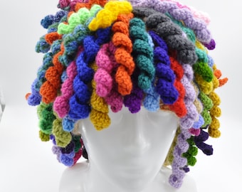 A crochet rainbow hair wig for a fun party or carnival wear, a crochet wig of rainbow streaks for photo props