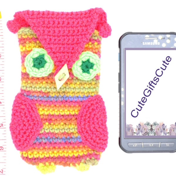 Rainbow phone sock, crochet iphone 7 cozy, pink mobile phone sock, smartphone sleeve, owl phone wallet, smart phone small purse