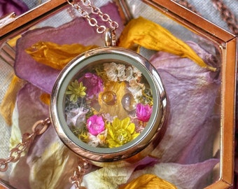 Fairy Garden Floating Locket Necklace in rose gold finished stainless steel with real flowers and gemstones inside, ooak