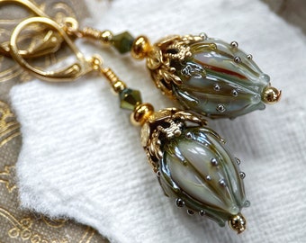 Sage green and gold exquisite lampwork glass tulip flower earrings with gold finished stainless hooks