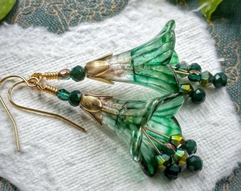 Green Ivy color mix fairy flower earrings, lucite flower earrings, hand painted, choose your stainless steel hooks