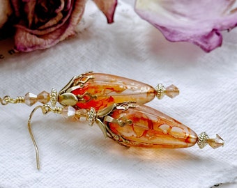 Fairytale orange summer flower bud earrings, hand painted lucite acrylic earrings, stainless steel ear wires, ooak