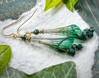 Green Ivy color mix fairy wing trumpet flower earrings, lucite flower earrings, hand painted, choose your stainless steel hooks