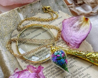 Secret Garden Flower Terrarium Necklace, real petite preserved flower terrarium glass vial necklace, gold finished stainless steel, ooak