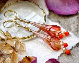 Summer orange color mix fairy wing trumpet flower earrings, lucite flower earrings, hand painted, choose your stainless steel hooks