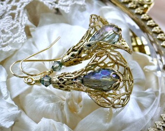 Fairytale flower earrings, bright brass filigree and crystal beaded vintage inspired earrings, ooak