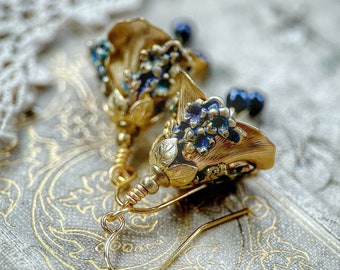 Art nouveau fairy flower earrings in brass, choose your stainless steel hooks