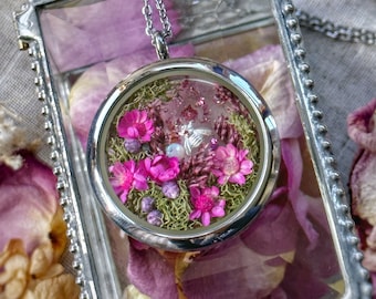 Queen Bee Garden Floating Locket Necklace in silver finished stainless steel with real flowers and opal gemstones inside, ooak