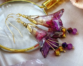 Fairytale flower earrings, hand painted lucite acrylic flower earrings, ooak